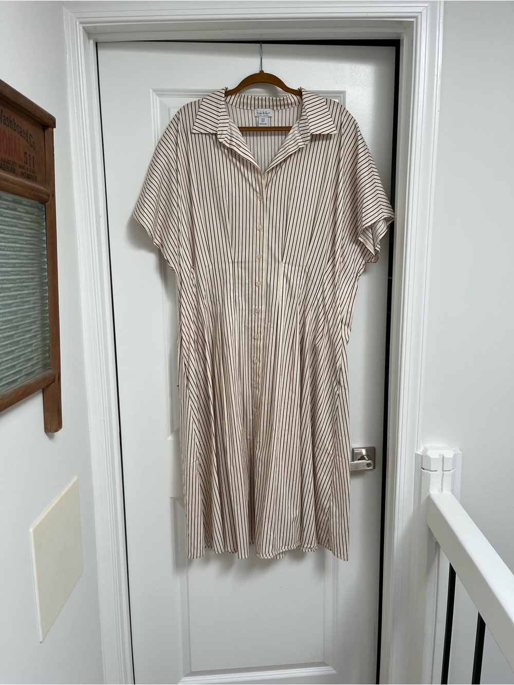 Striped Button-Front Shirt Dress in Brown and White